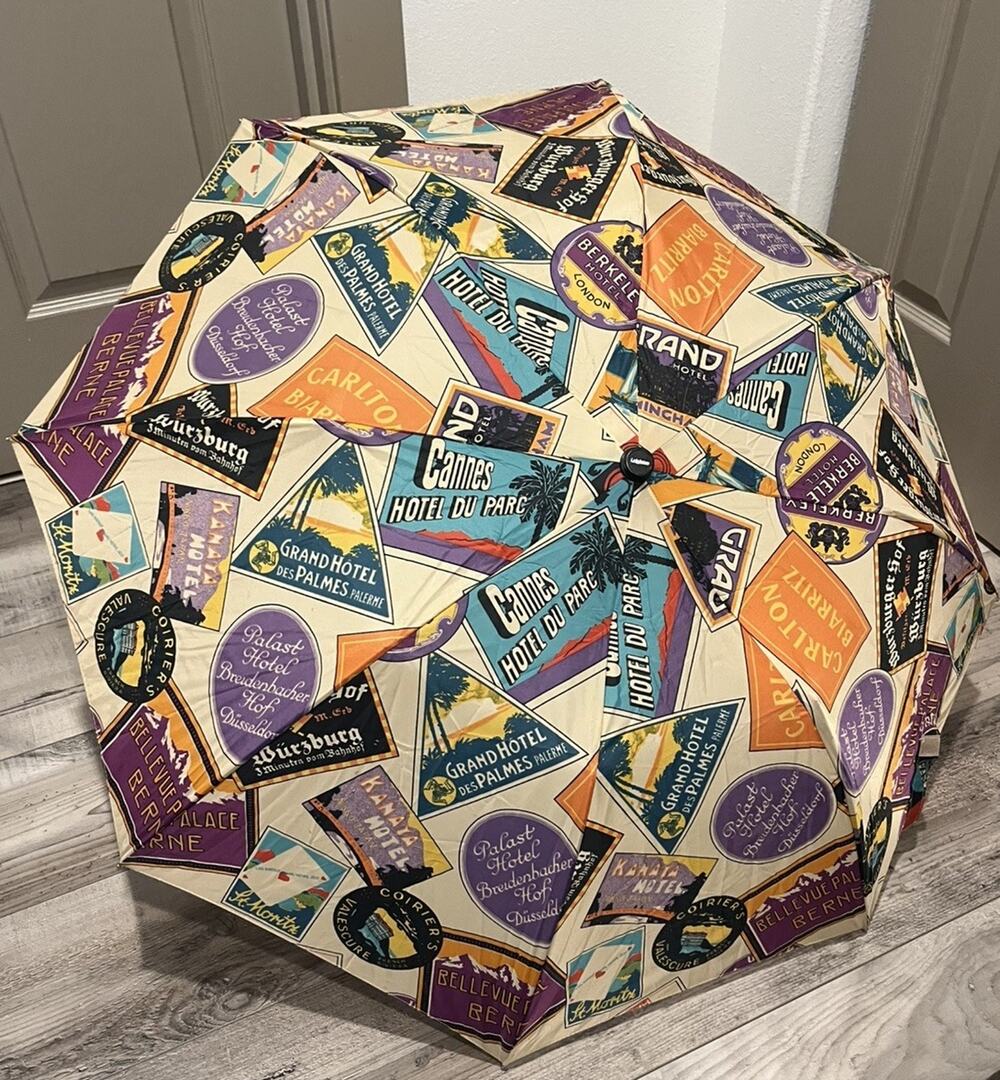 Leighton Umbrella European Hotel Travel Labels Print Automatic Folding Nylon